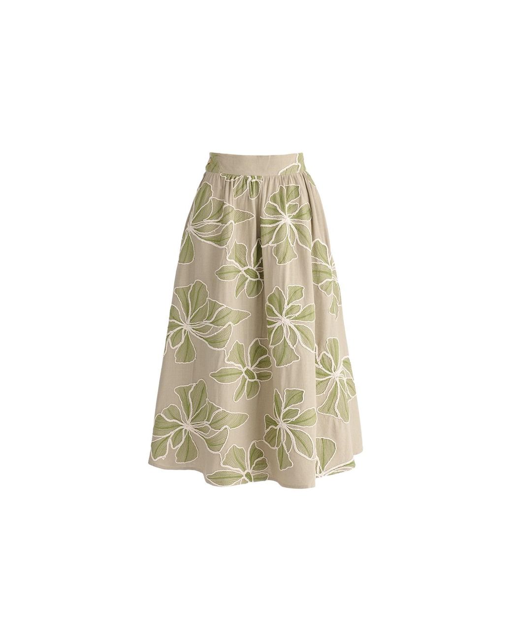 Paisie Natural Floral Embroidered Midi Skirt