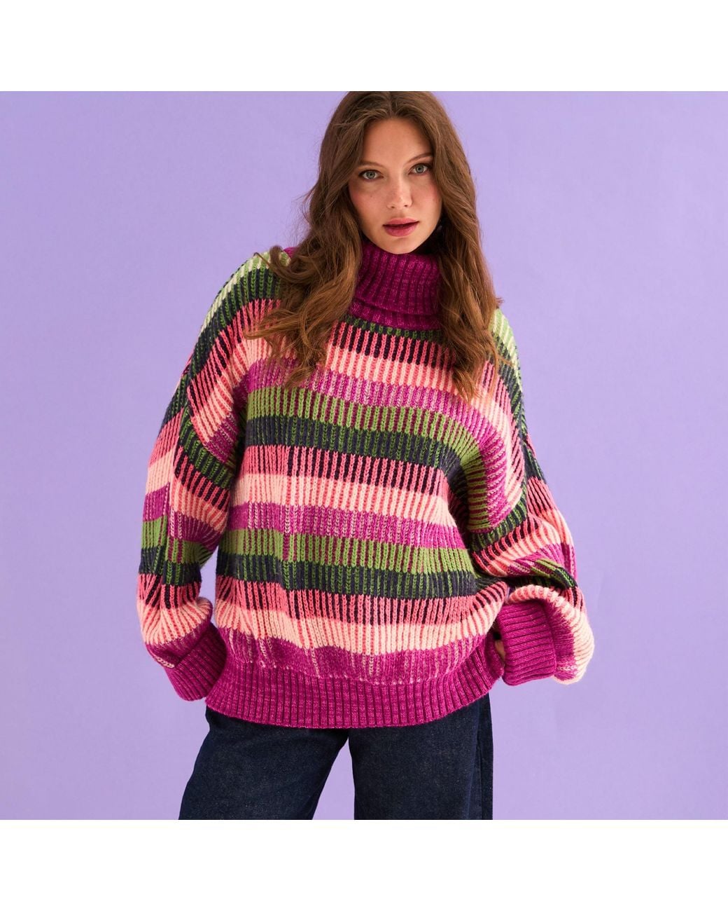Cara & The Sky Purple Tasha Oversized Balloon Sleeve Stripe Roll Neck Jumper