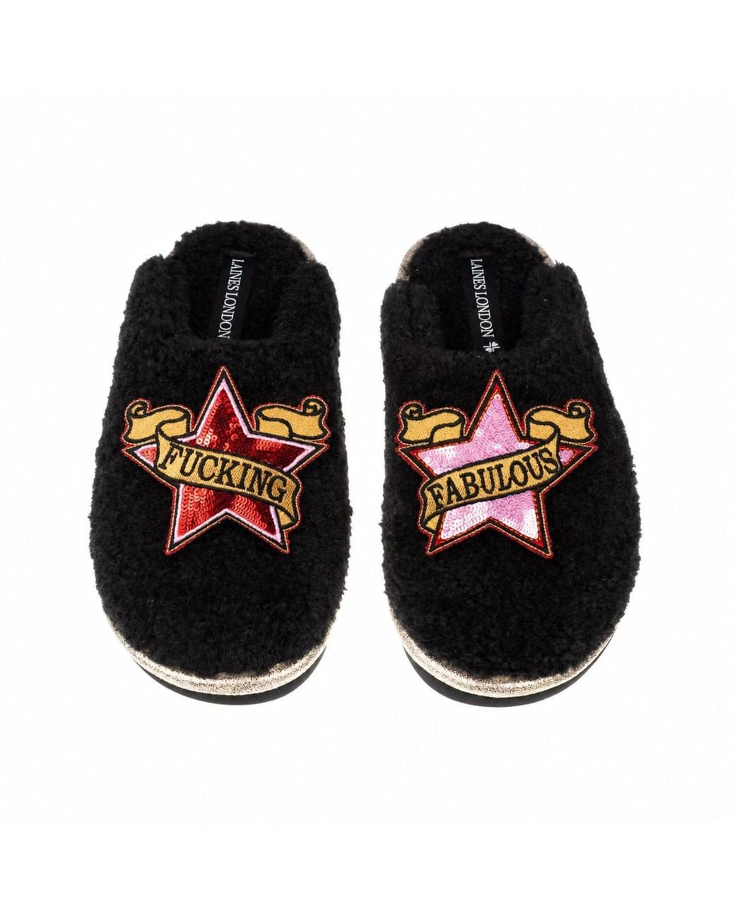 Laines London Black Teddy Closed Toe Slippers With & Fucking Fabulous Brooches