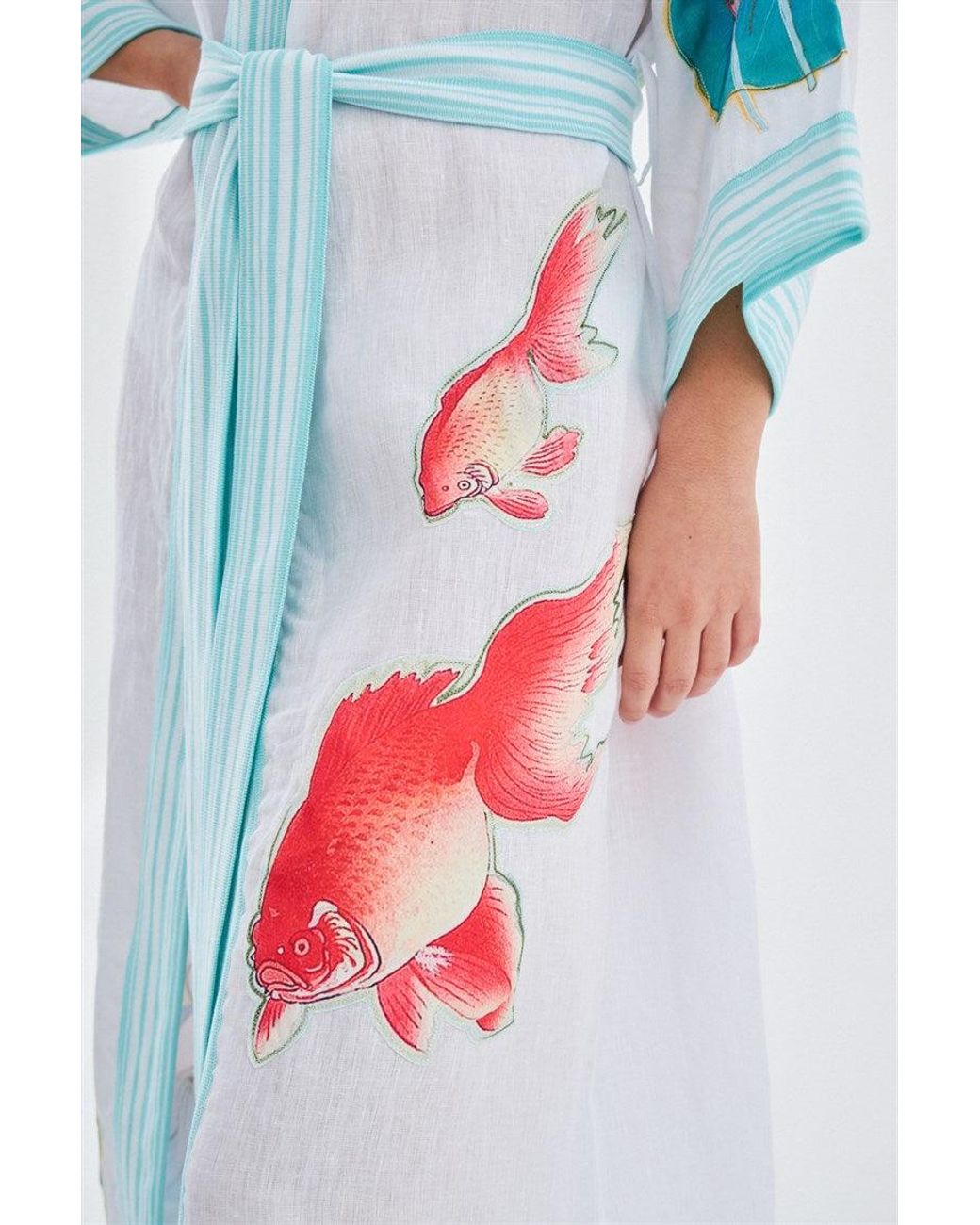 Peraluna Blue Lotus Flower And Fish Applique Linen Kimono