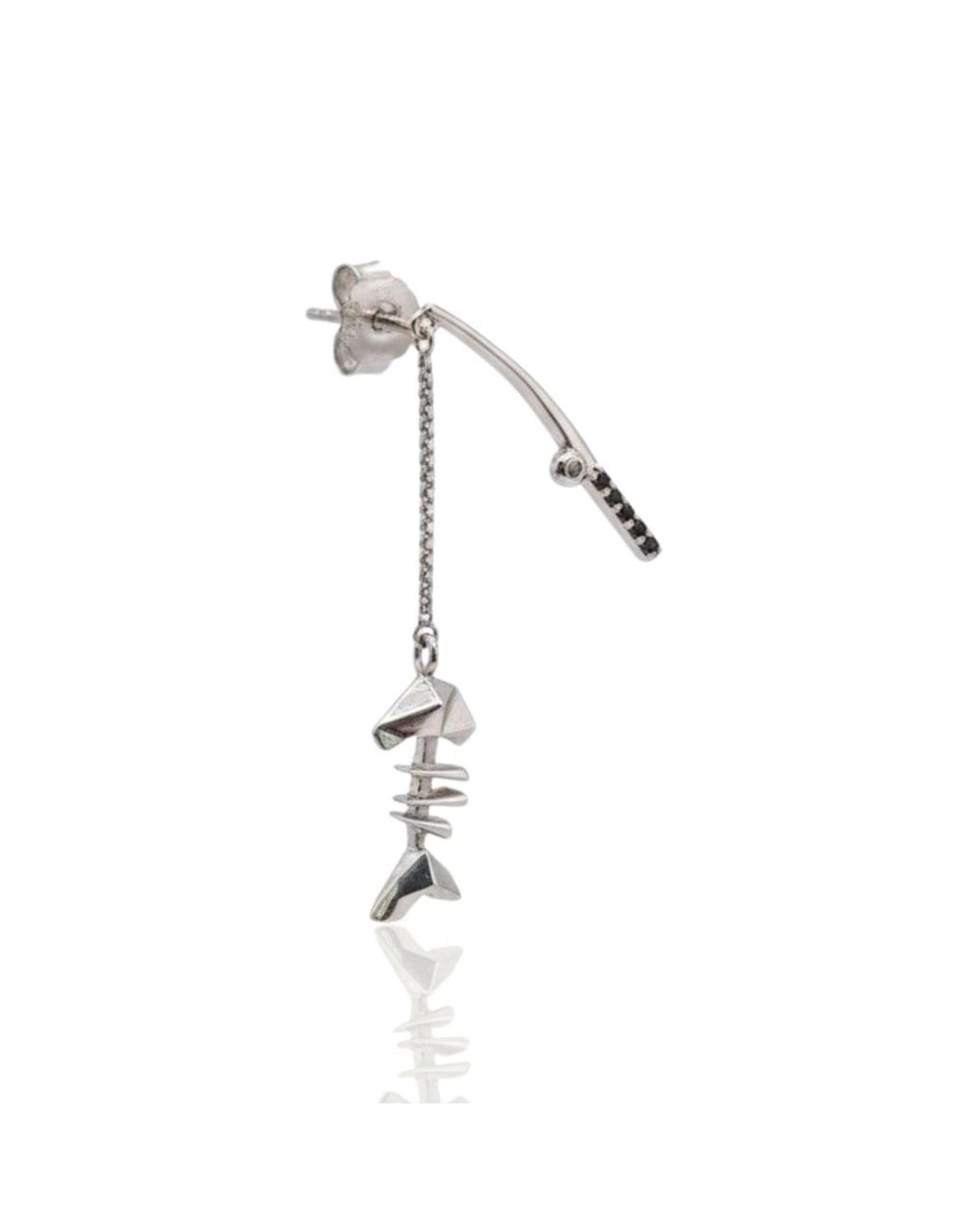 Frenvyrn Metallic Mars Sterling Fishin' Fish Bone Dangle Earring Single For Left Ear for men