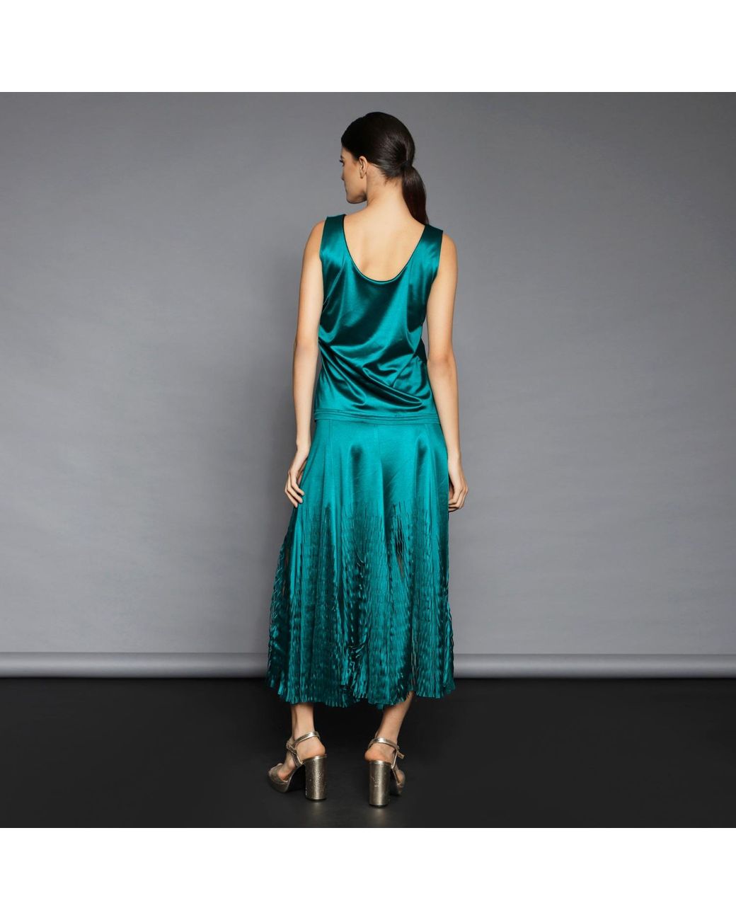 Silvia Serban Green Midi Laser Cut Paneled Skirt