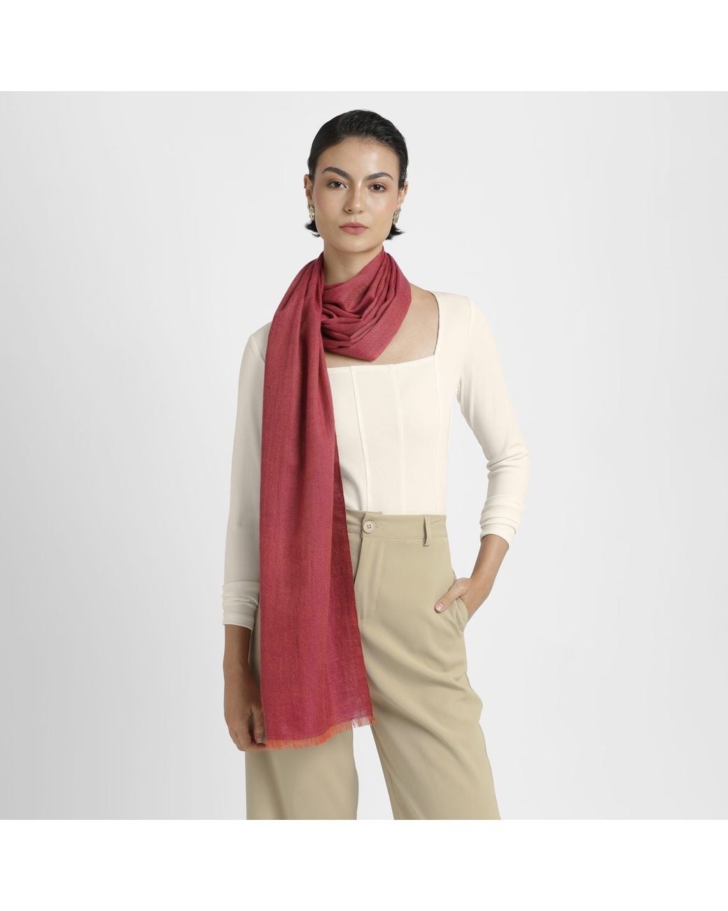 Pink Maharani Red Cashmere Coral Berry Double Weave Stole