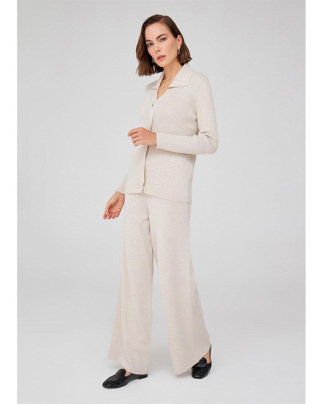 Peraluna Natural Neutrals Polo V-Neck Ribbed Knit Cardigan