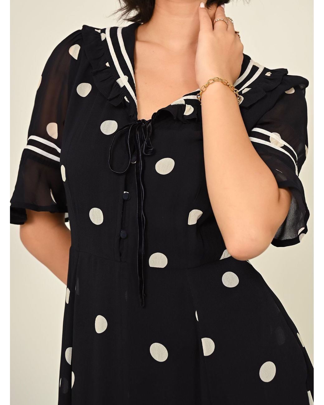 Rose & Nancy Black Audrey Polka Print Collar Detail Maxi Dress
