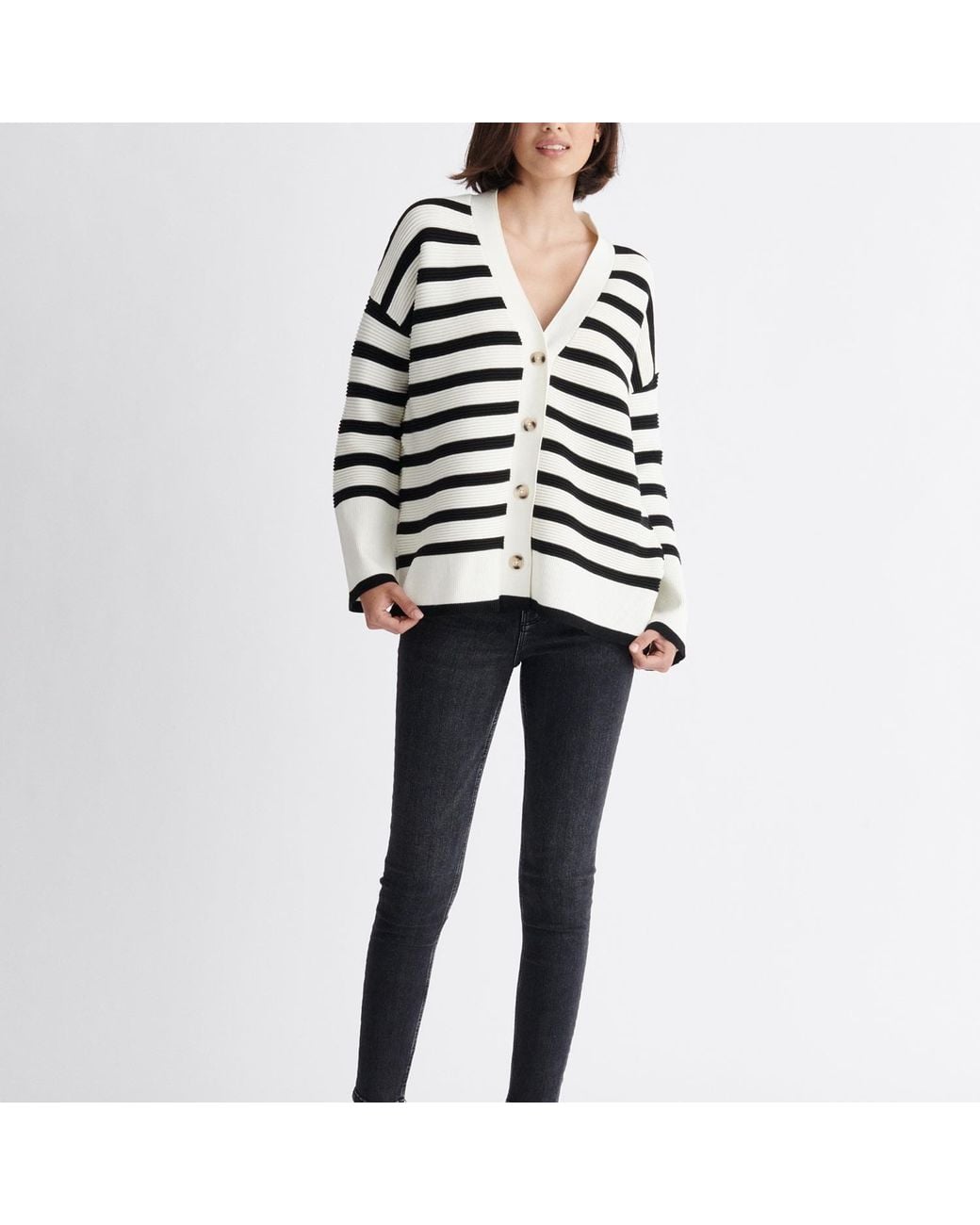 Paisie Blue Striped Ribbed Cardigan In White & Black