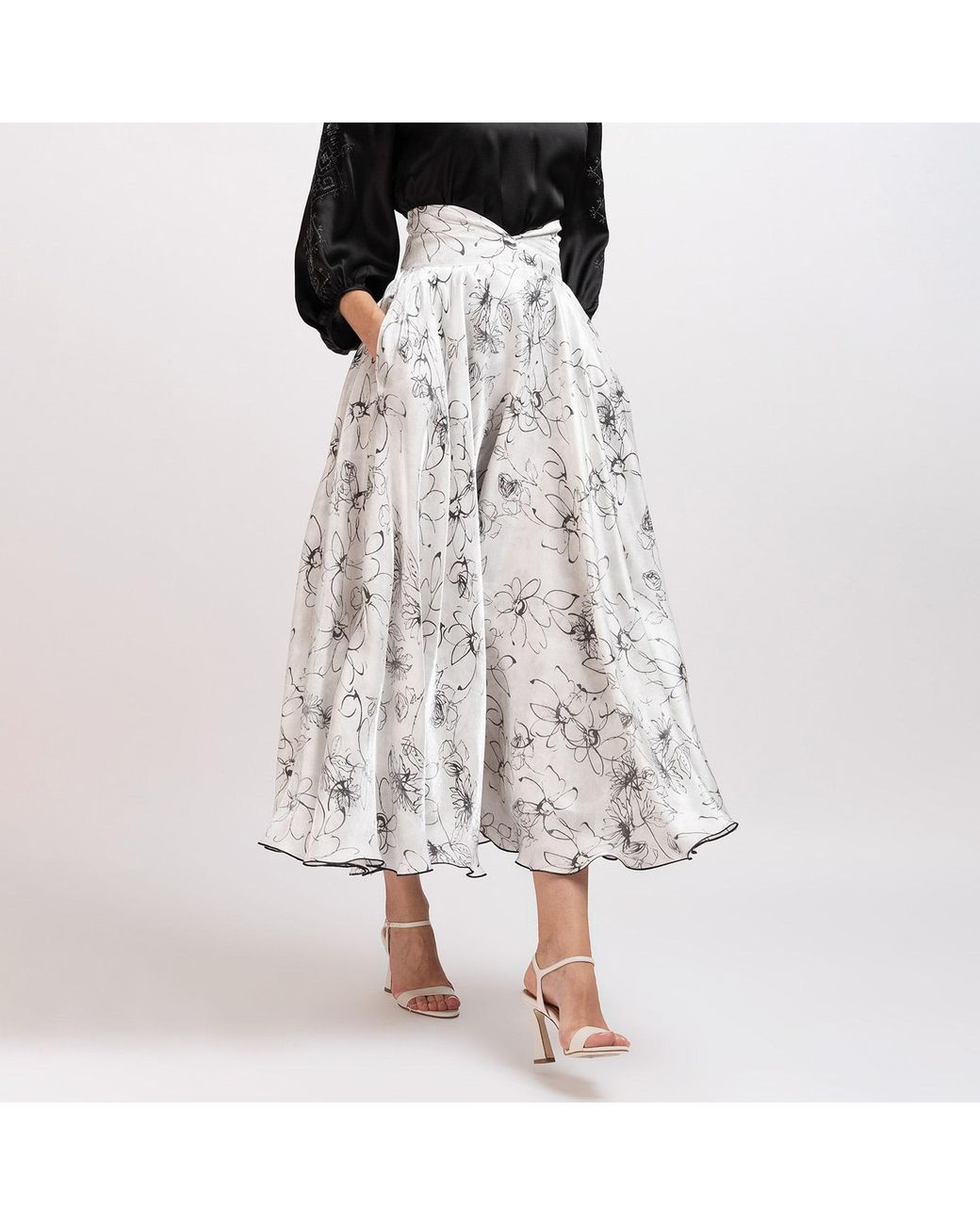 IZABELA MANDOIU White Floral Midi Viscose Skirt