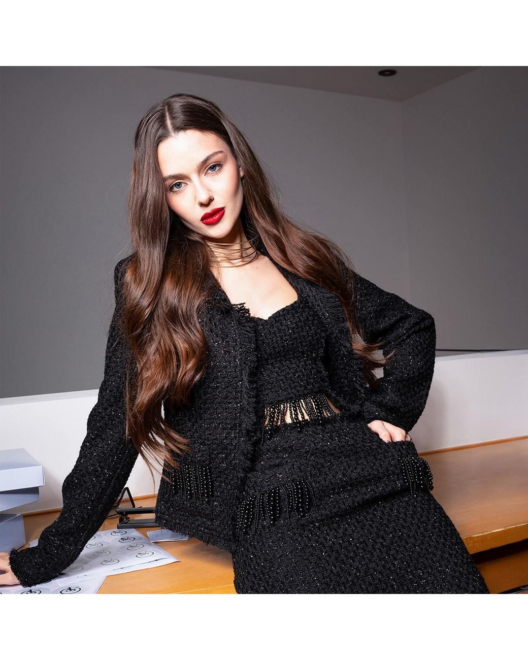 Solgo Atelier Black Tia Crop Shimmering Tweed Bouclé Jacket With Beaded Fringe Details