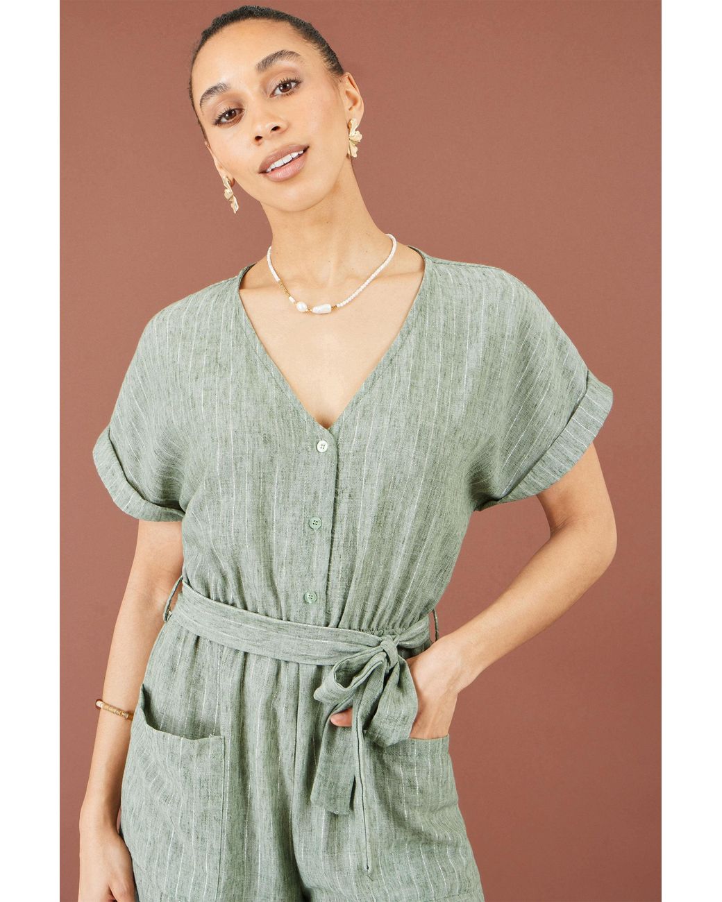 Yumi' Green V Neck Kimono Sleeve Jumpsuit