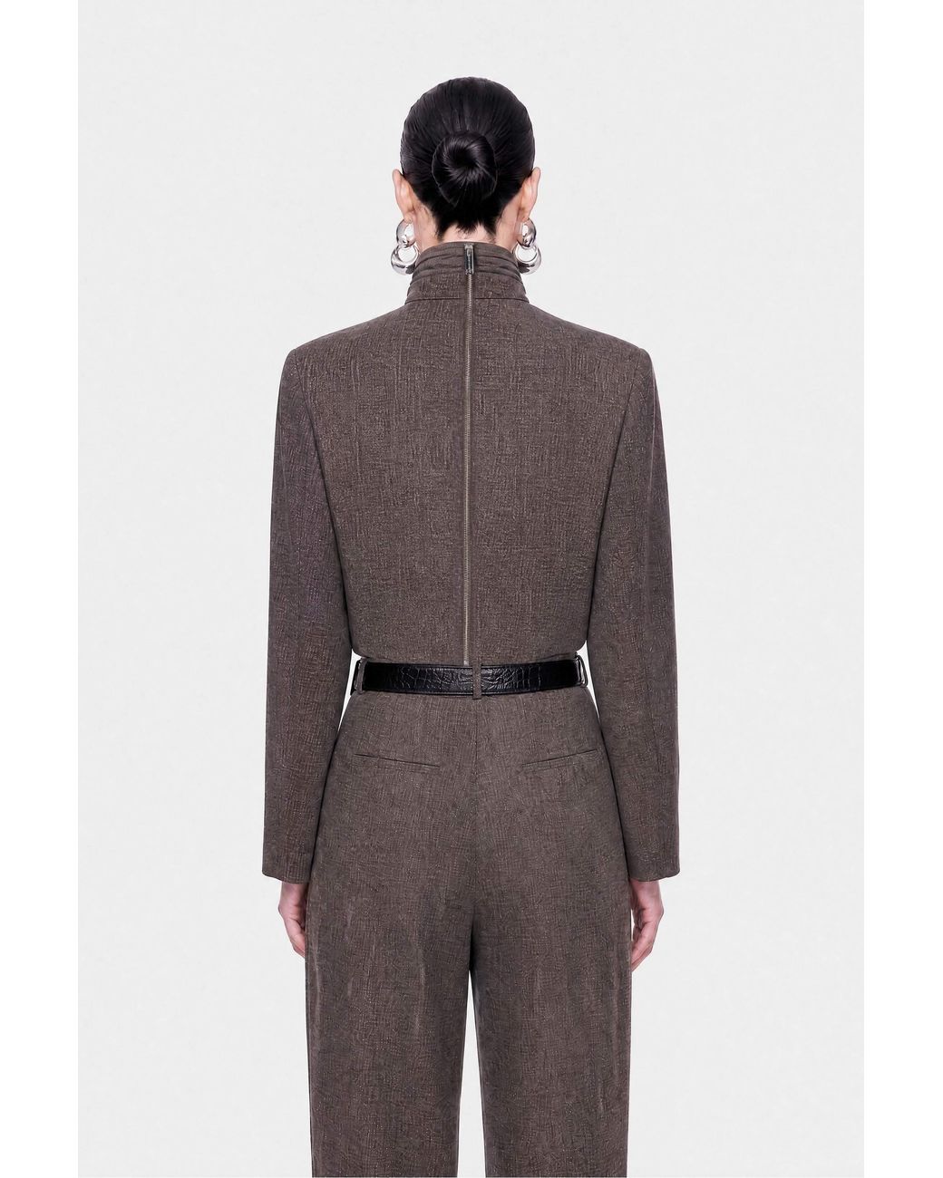 Nocturne Gray Padded Shoulder Stand Collar Blouse