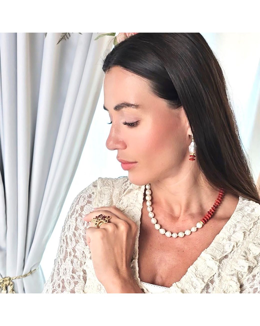 Farra White Baroque Pearl With Bamboo Coral Earrings