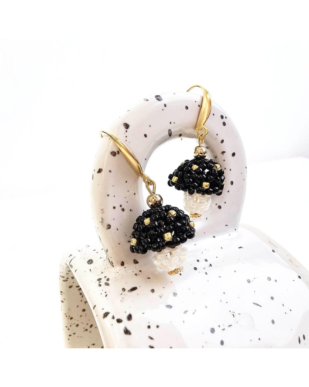 Farra Black Beaded Mushroom Playful Earrings