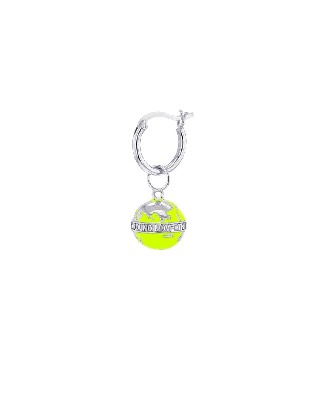 True Rocks Yellow Mini Globe Charm In Neon Lime Green & Sterling Silver On A Silver Hoop