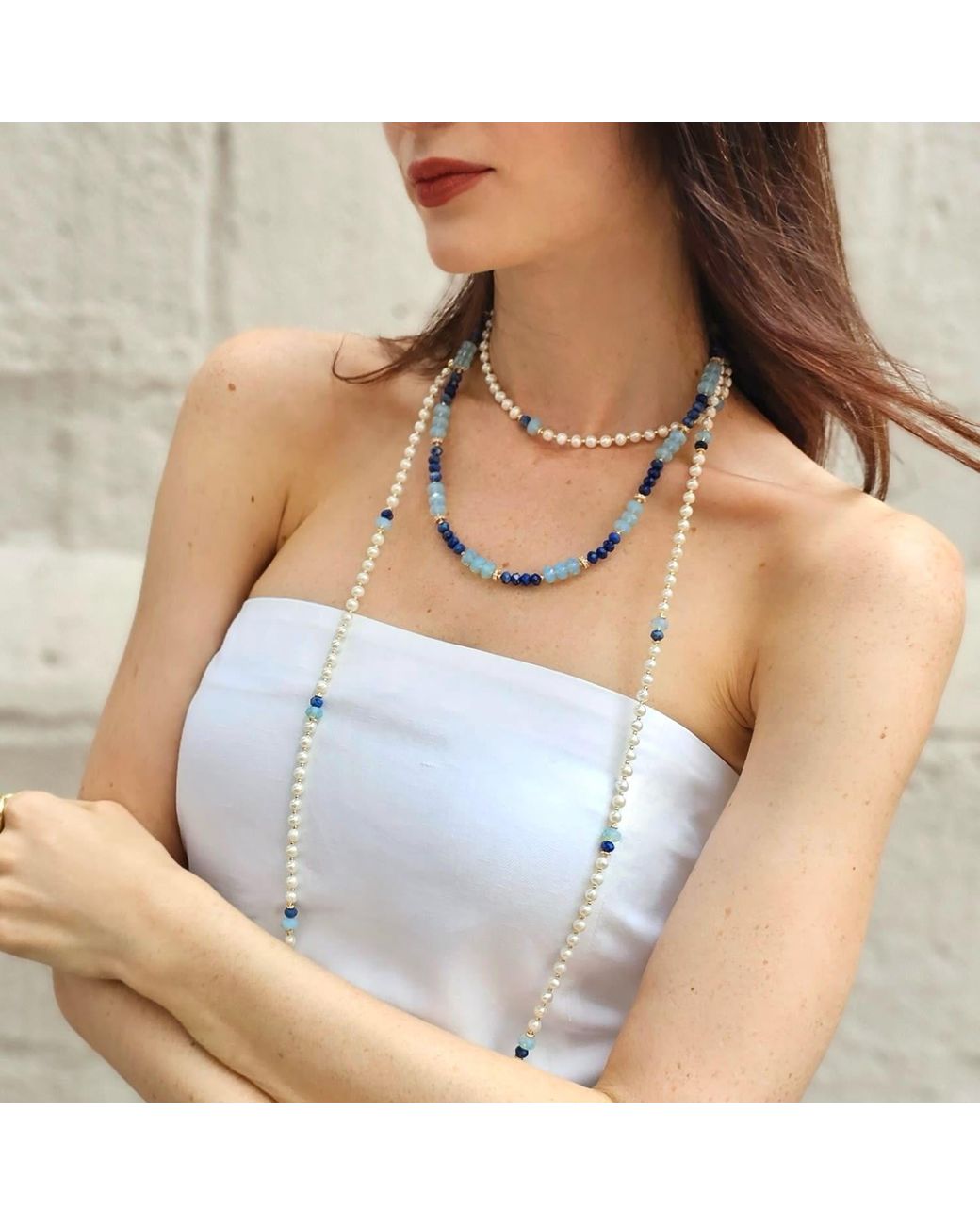 Farra White Freshwater Pearls With Lapis Opera Long Necklace