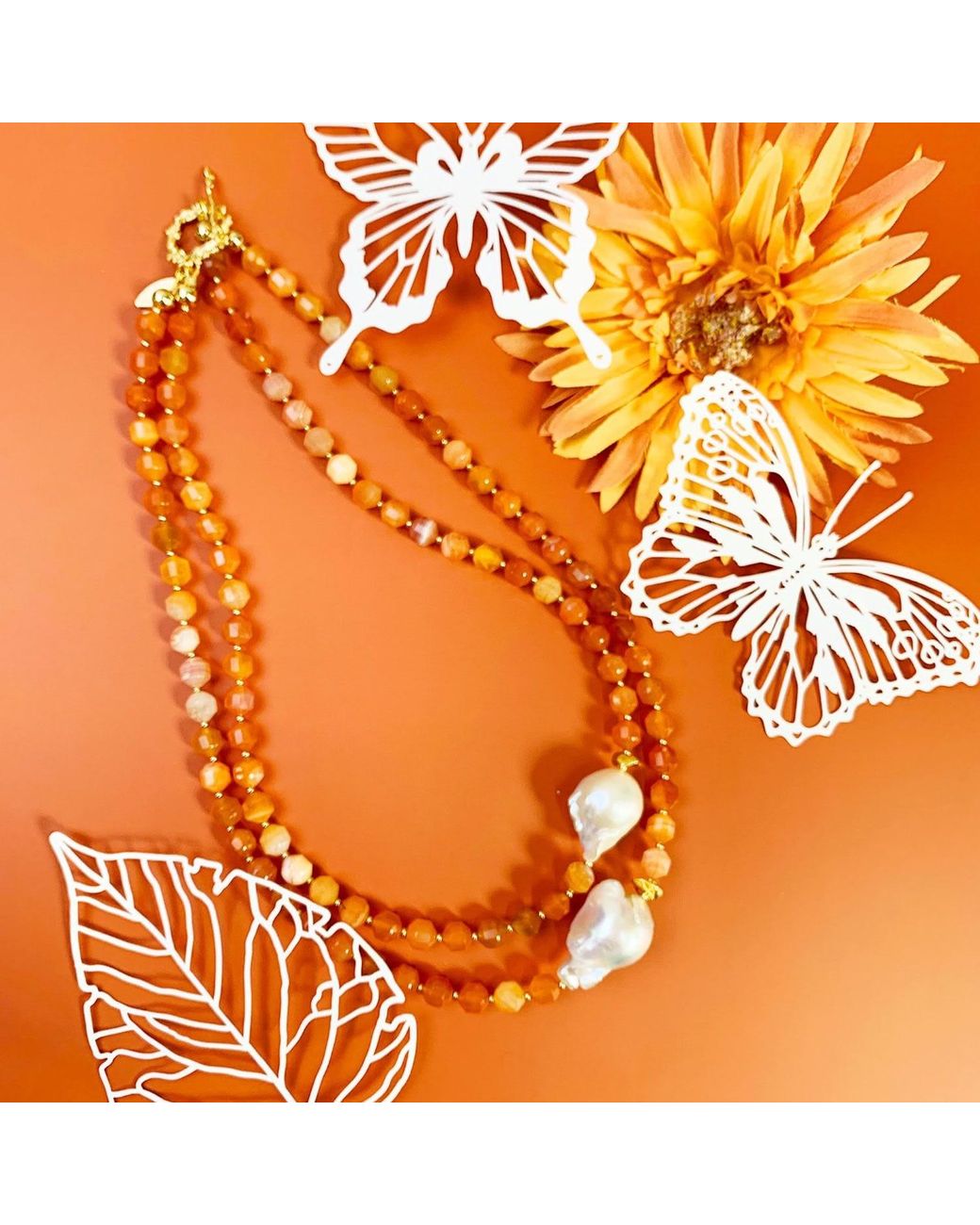 Farra Red Agate With Baroque Pearls Double Strands Necklace