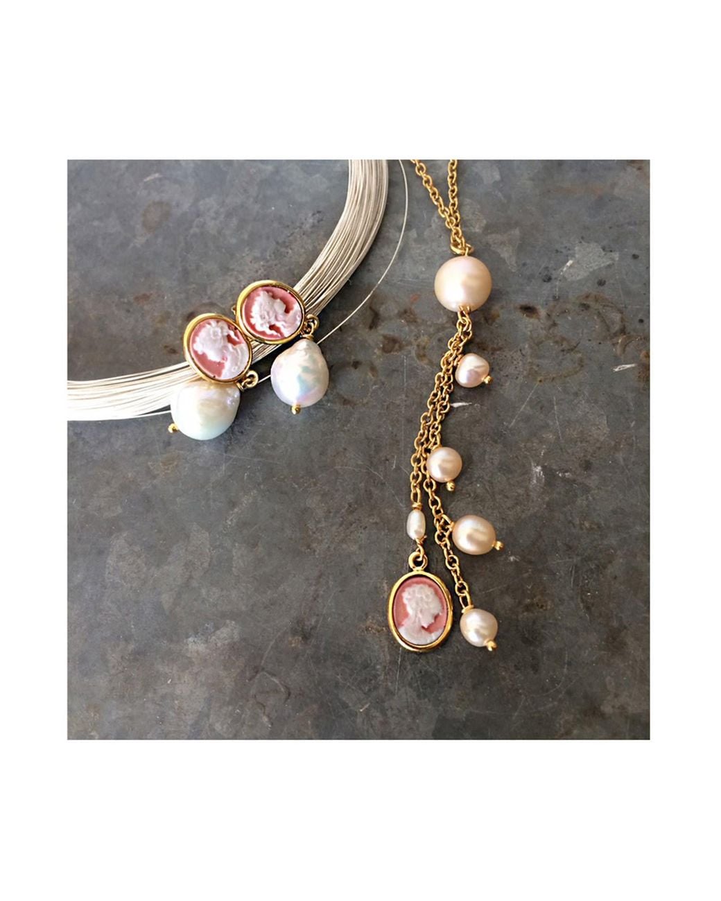 Vintouch Italy Metallic Plated Mini Cameo & Pearl Necklace