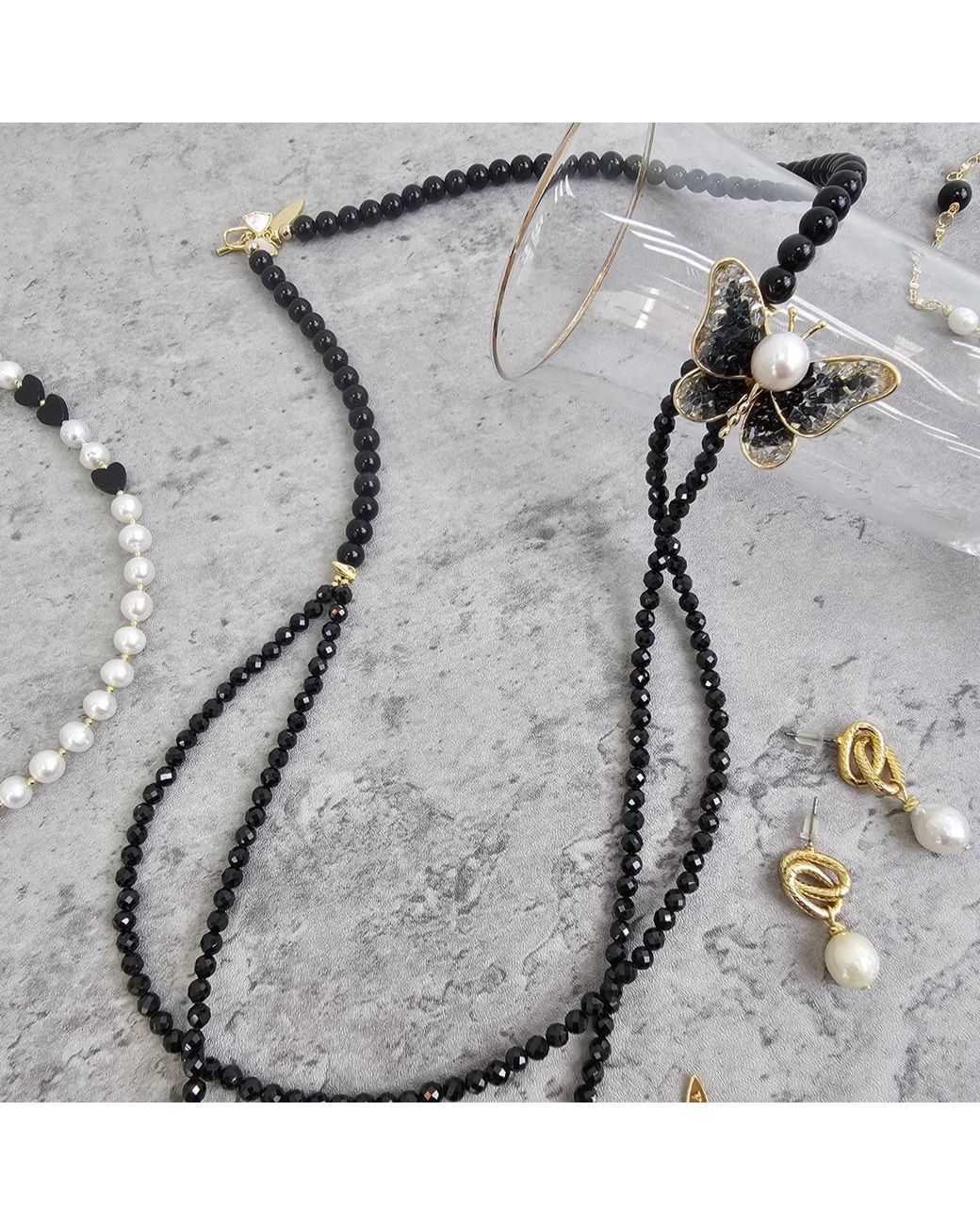Farra Black Versatile Obsidian Necklace With Removable Butterfly Pearl Brooch