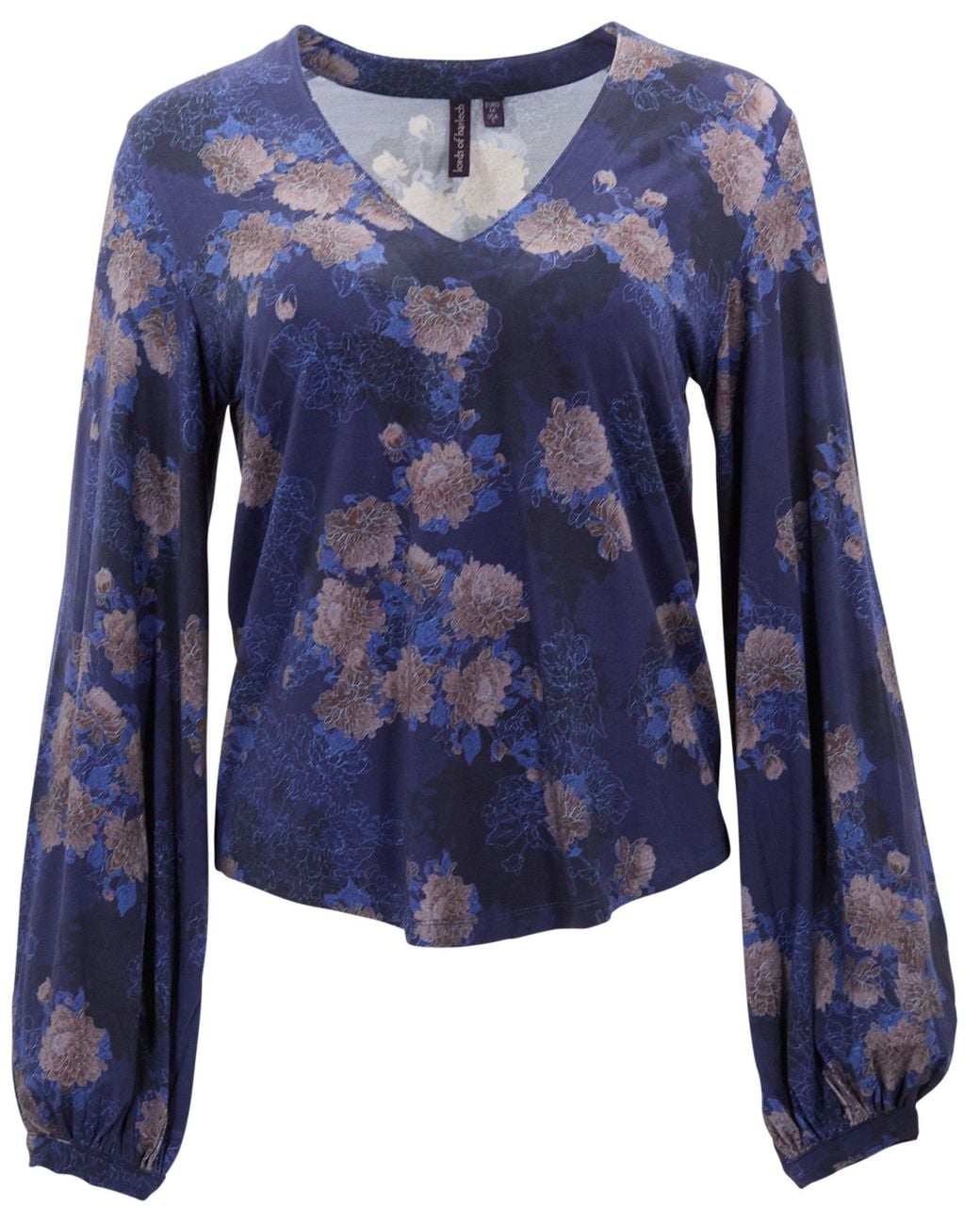 Lords of Harlech Blue Val Lans Floral Lyocell Stretch V-Neck Top