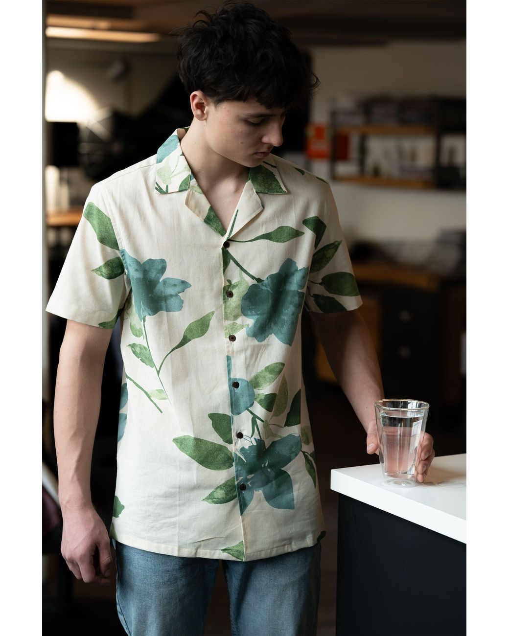 Stovaria Green Camp Collar Half Sleeve Pure Cotton Shirt With Abstract Print for men