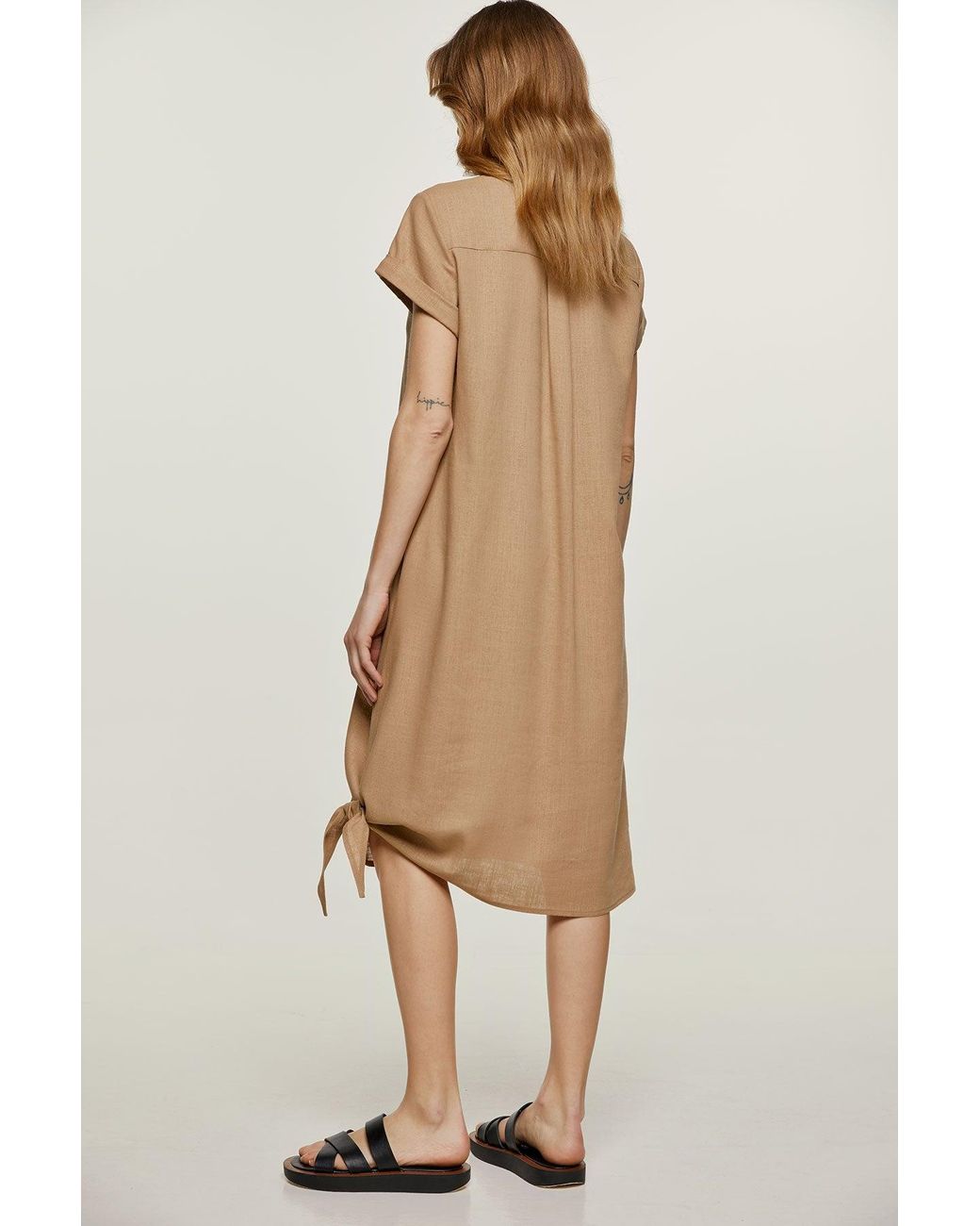 Conquista Natural Neutrals Midi Dress With Tie Detail