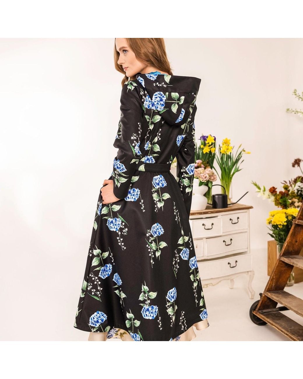 RainSisters Black Floral Trench Coat: Flower Moon