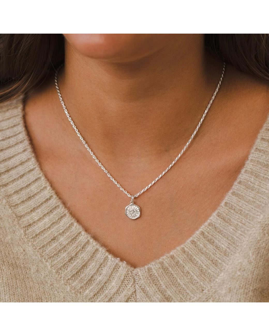 Lily Charmed Metallic Sterling Manifest Love Charm Necklace With Twisted Rope Chain