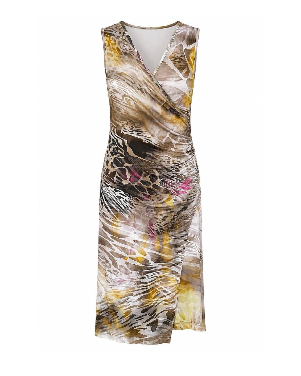 Conquista Metallic Abstract Draped Wrap Dress