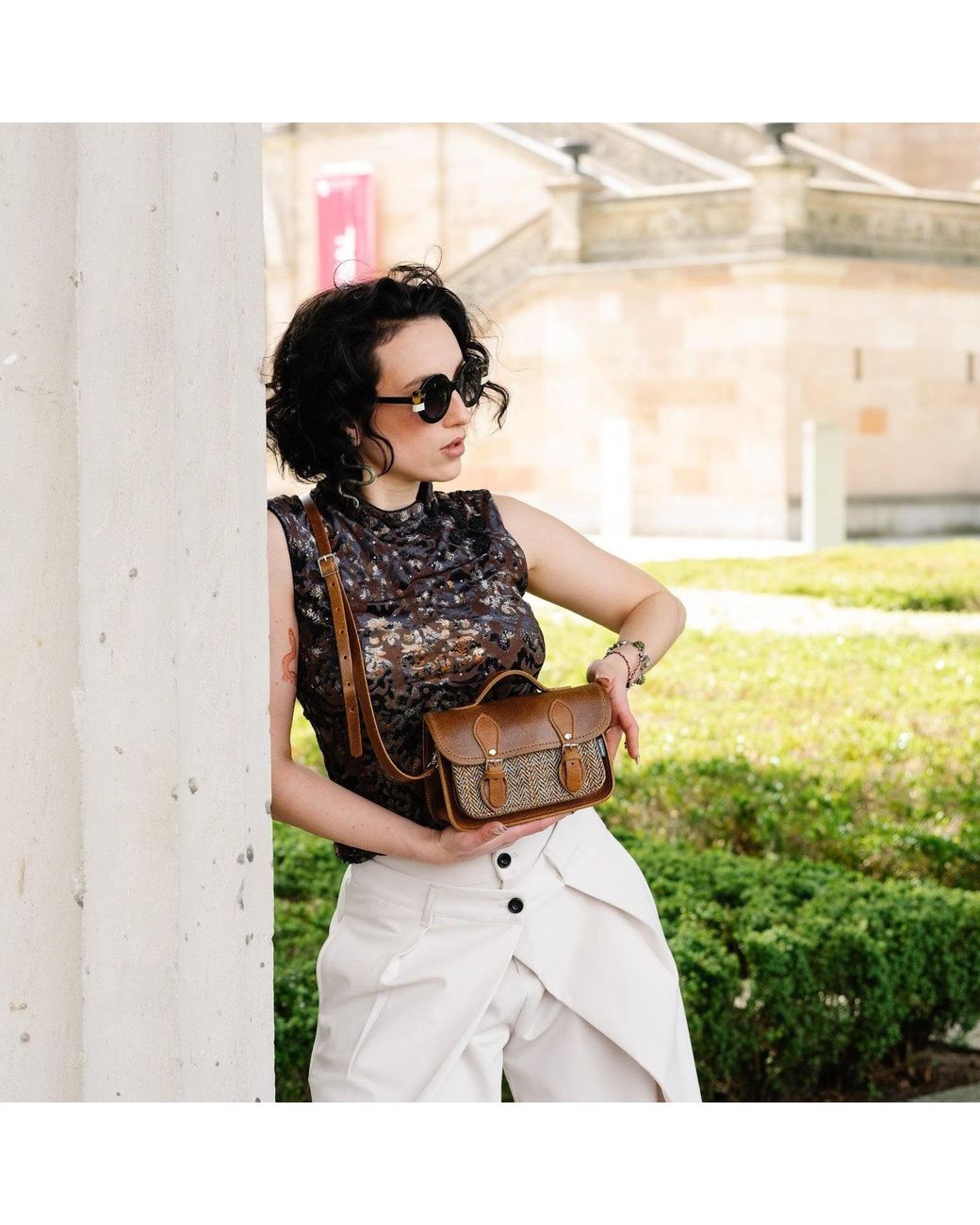 Zatchels Brown Handmade Tannery Leather & Tweed Cross Body Micro Satchel Plus