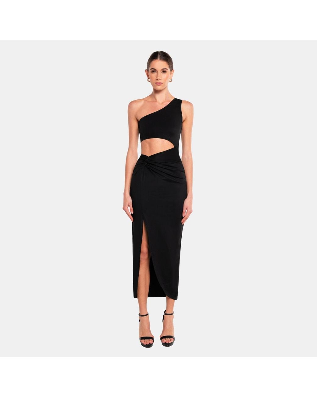 OW Collection Black Isabella One Shoulder Cut Out Midi Dress