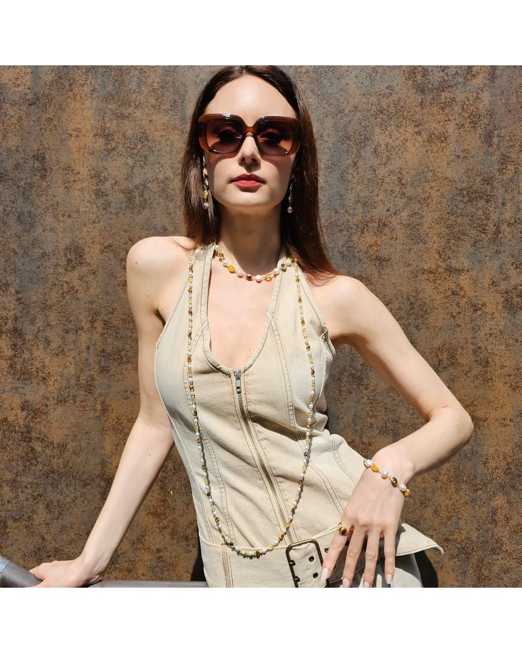 Farra Metallic Tiger-Eye And Citrine With Freshwater Pearls Long Necklace