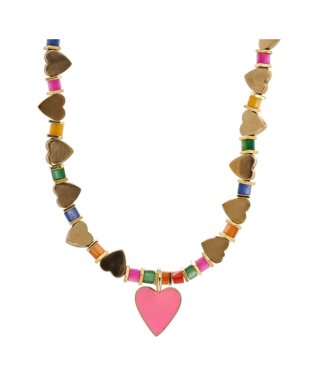 Ebru Jewelry Metallic Heart Pendant Heart Beaded Colorful Necklace