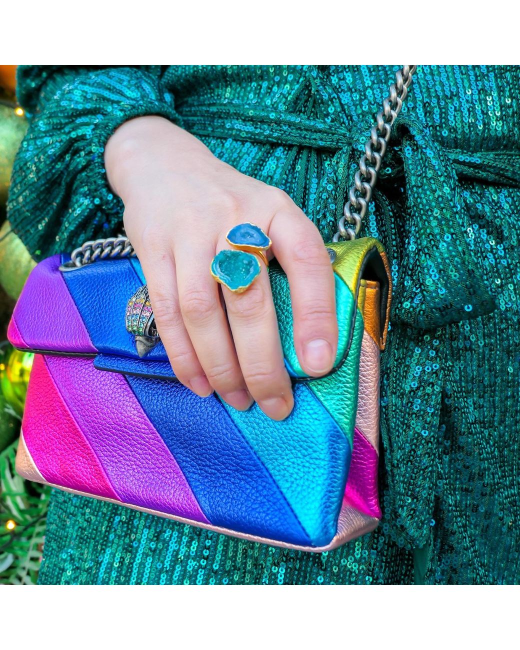 YAA YAA LONDON Blue Green Duo Crystal Adjustable Gold Ring