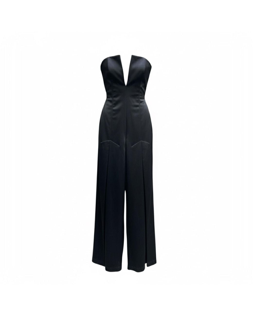 Imaatu Black Scarface Jumpsuit Sculpting Satin Corset Extreme V-Neckline Wide Leg Trousers Tie