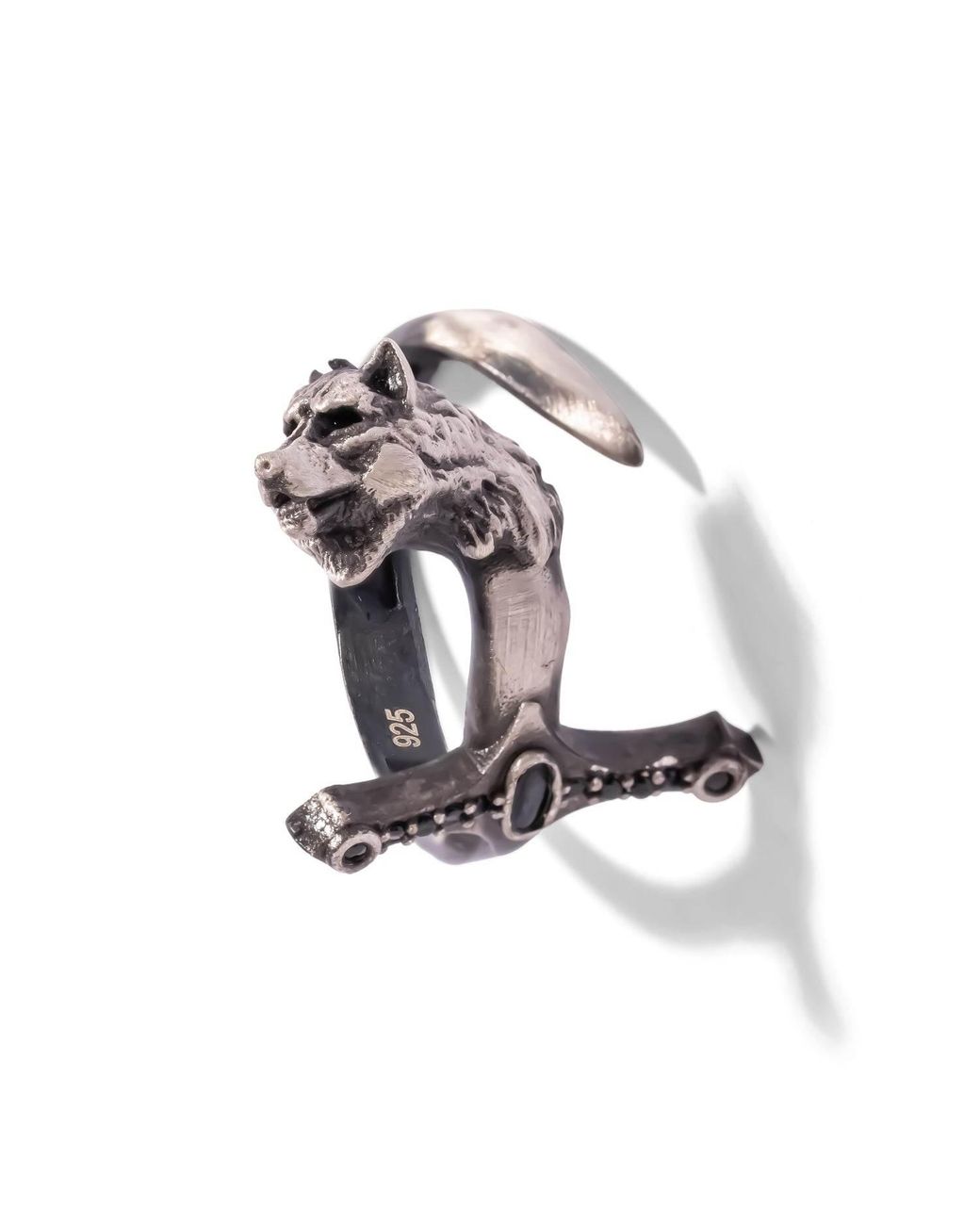 Ebru Jewelry White Wolf Sword Zircon Oxidized Sterling Ring for men