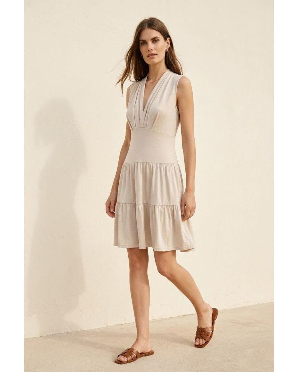 Conquista Natural Neutrals Draped V-Neck Tiered Jersey Dress