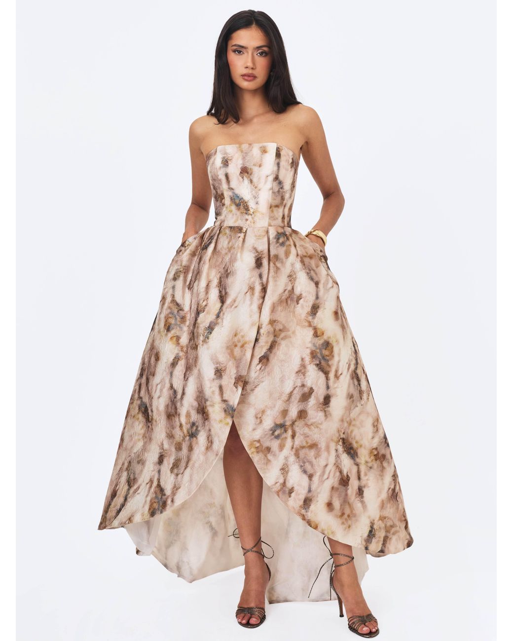 Miss Circle New York Natural Neutrals Micaela Camel Watercolor Jacquard Chiffon Dipped Hem Gown