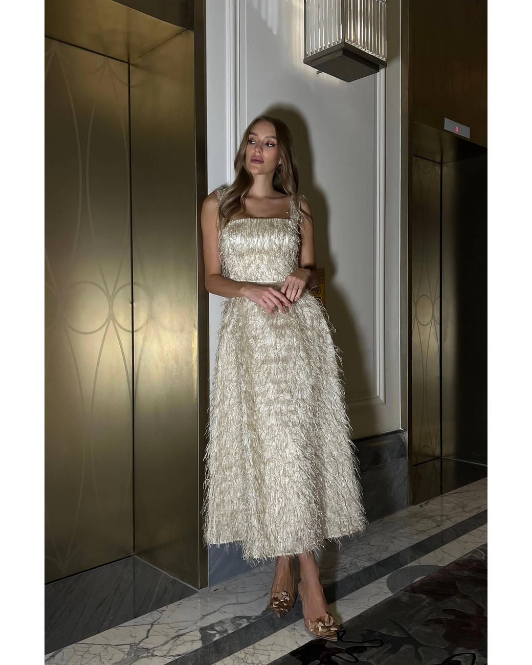 POST MERIDIEM White Pleated Corset Midi Dress