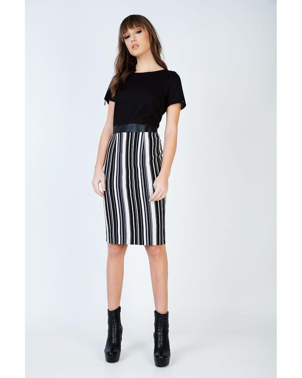 Conquista Black Stripe Detail Straight Dress With Zip & Pleather Detail