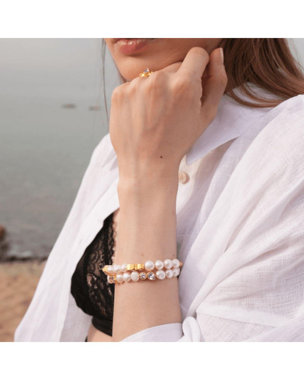 LINYA JEWELLERY Metallic Diana Stone Pearl Bracelet