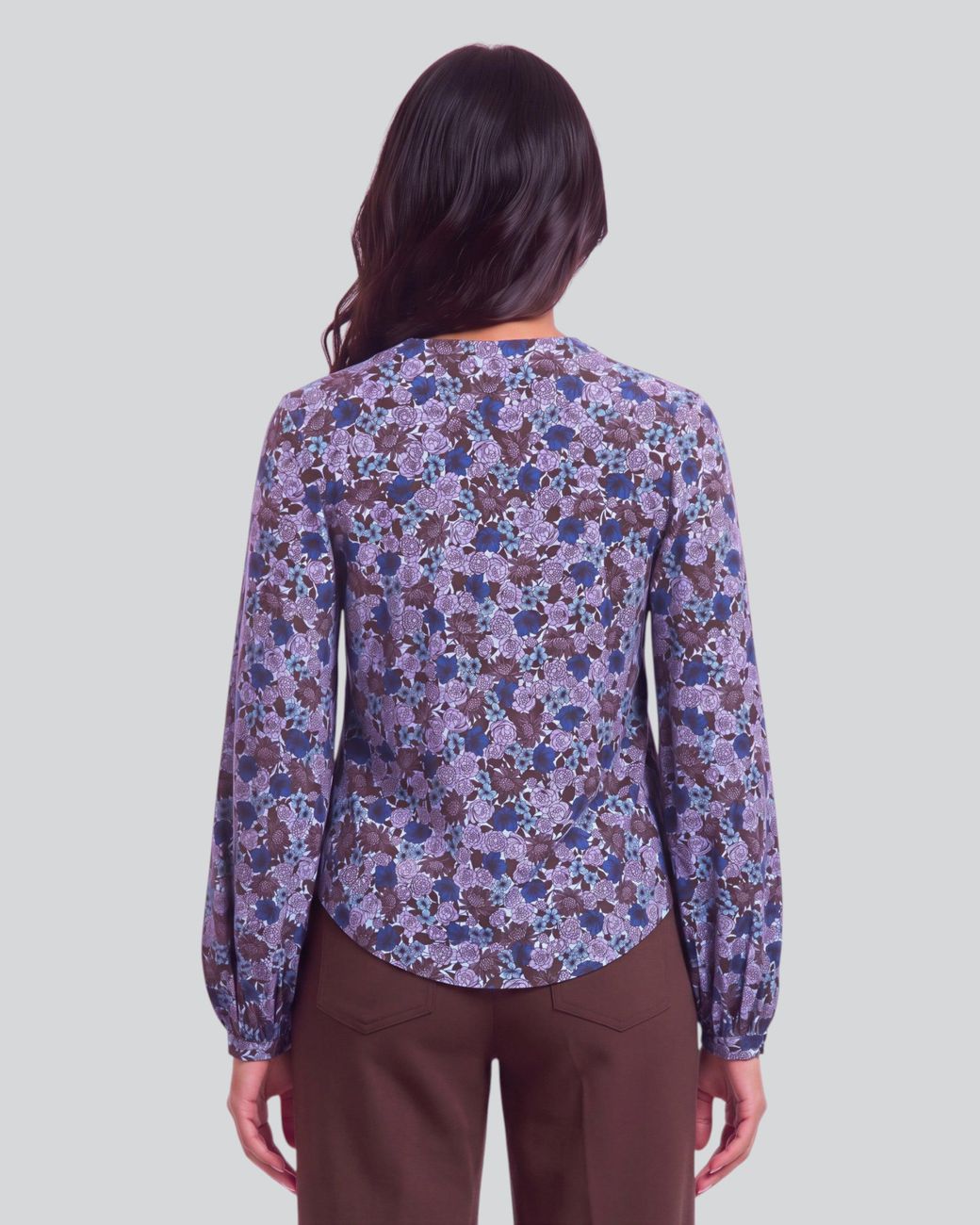 Lords of Harlech Blue Val Ternberg Floral Brownie Lyocell Stretch V-Neck Top