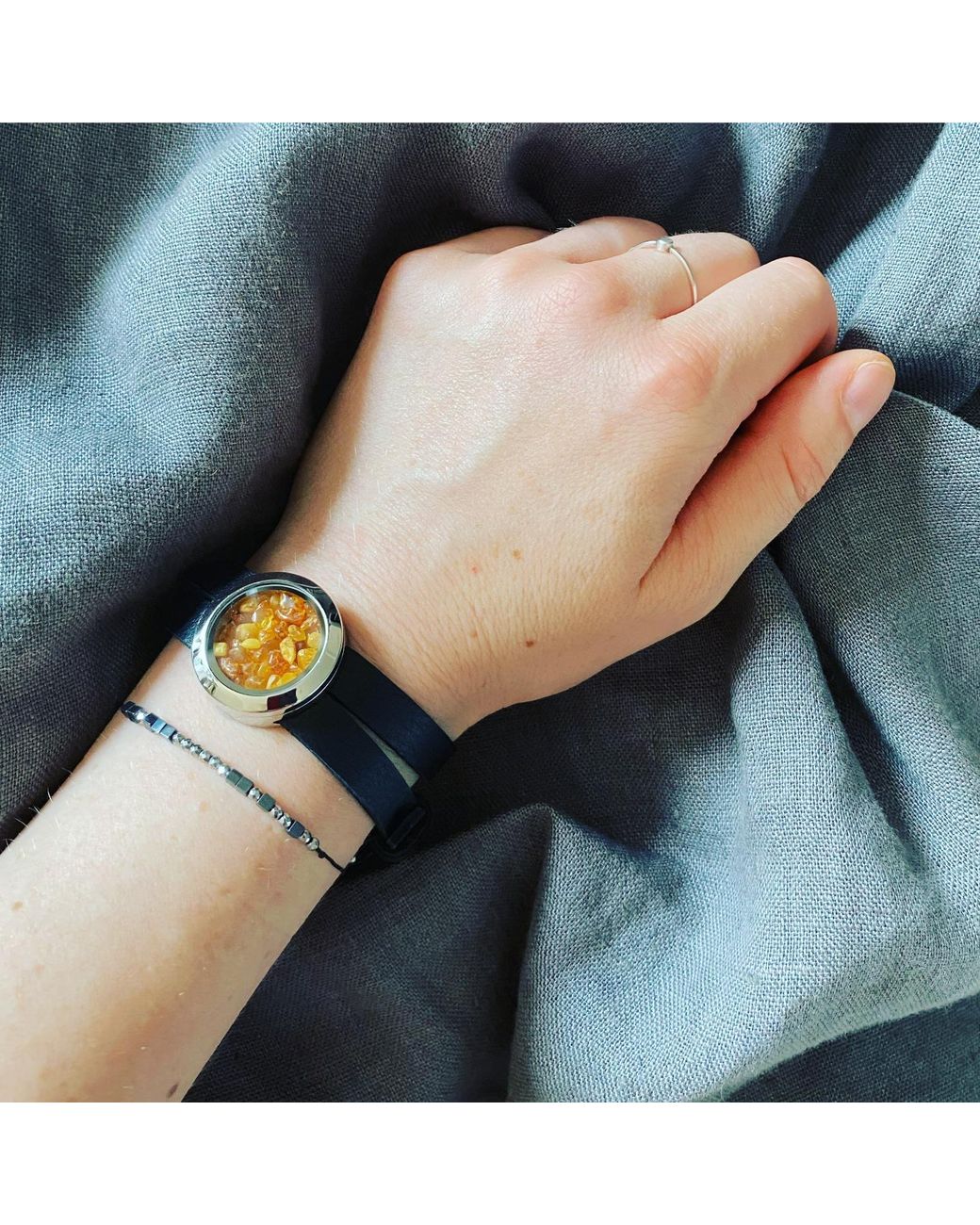 My Little Nature Blue Sustainable Leather Bracelet With Natural Amber – Designer Jewelry