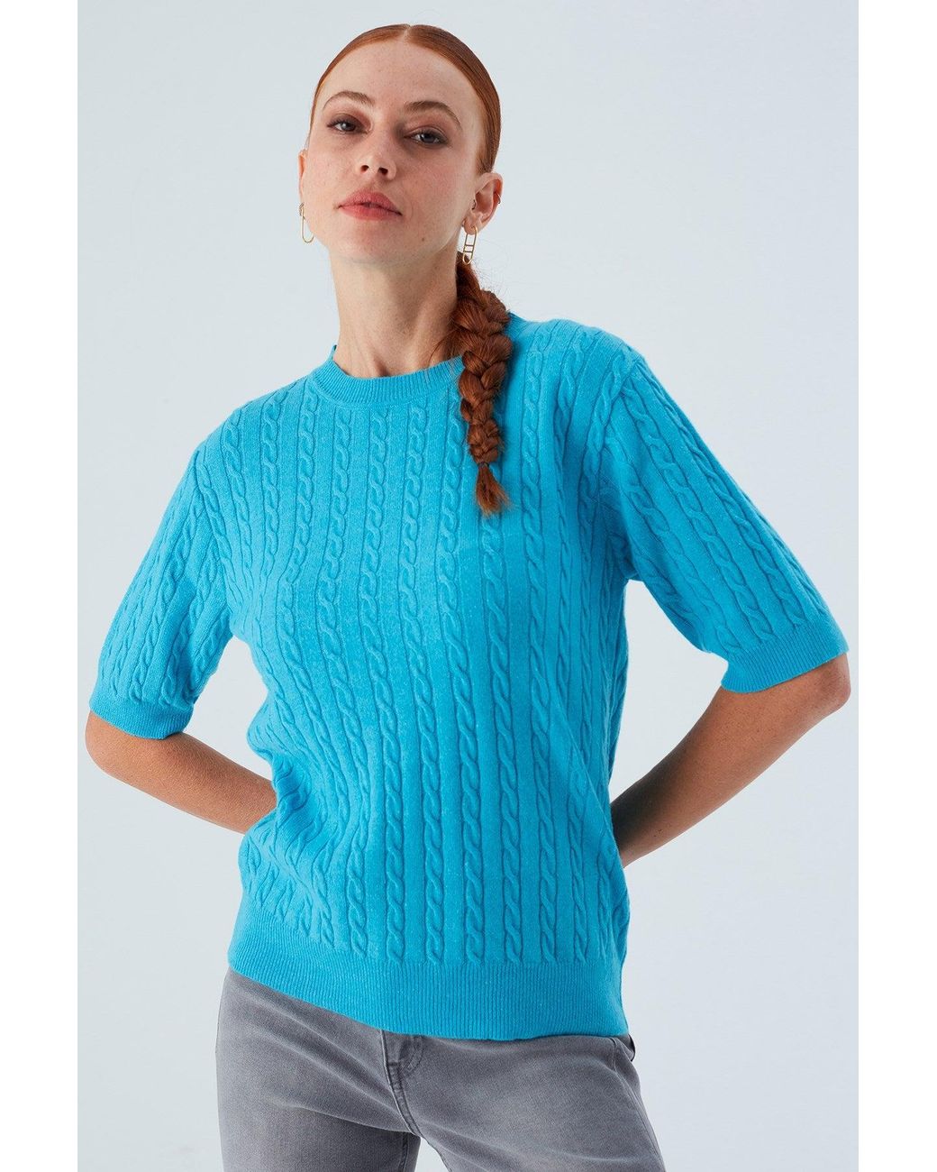 Peraluna Blue Nicole Cable Knit Cashmere Blend Short Sleeve Blouse