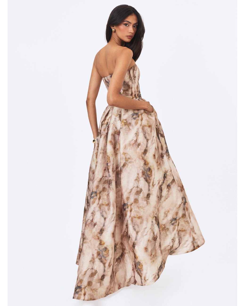 Miss Circle New York Natural Neutrals Micaela Camel Watercolor Jacquard Chiffon Dipped Hem Gown