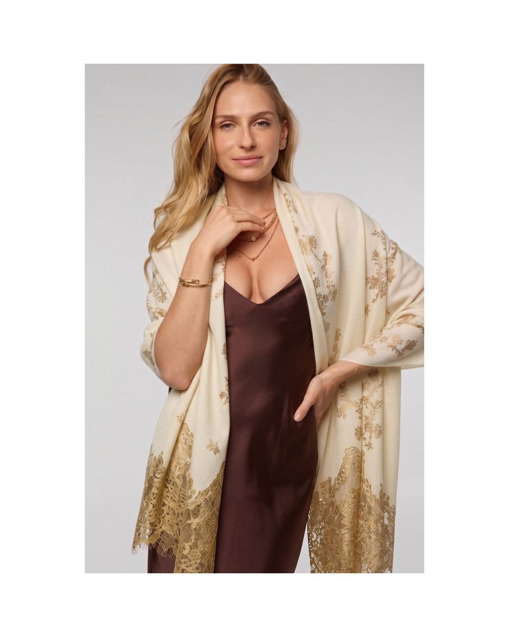 Saachi Metallic Luminous Lace Shimmer Cream Scarf