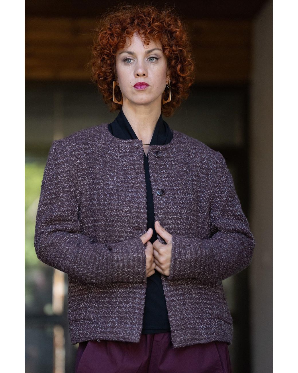 Stovaria Purple Handwoven Textured Wool Winter Jacket