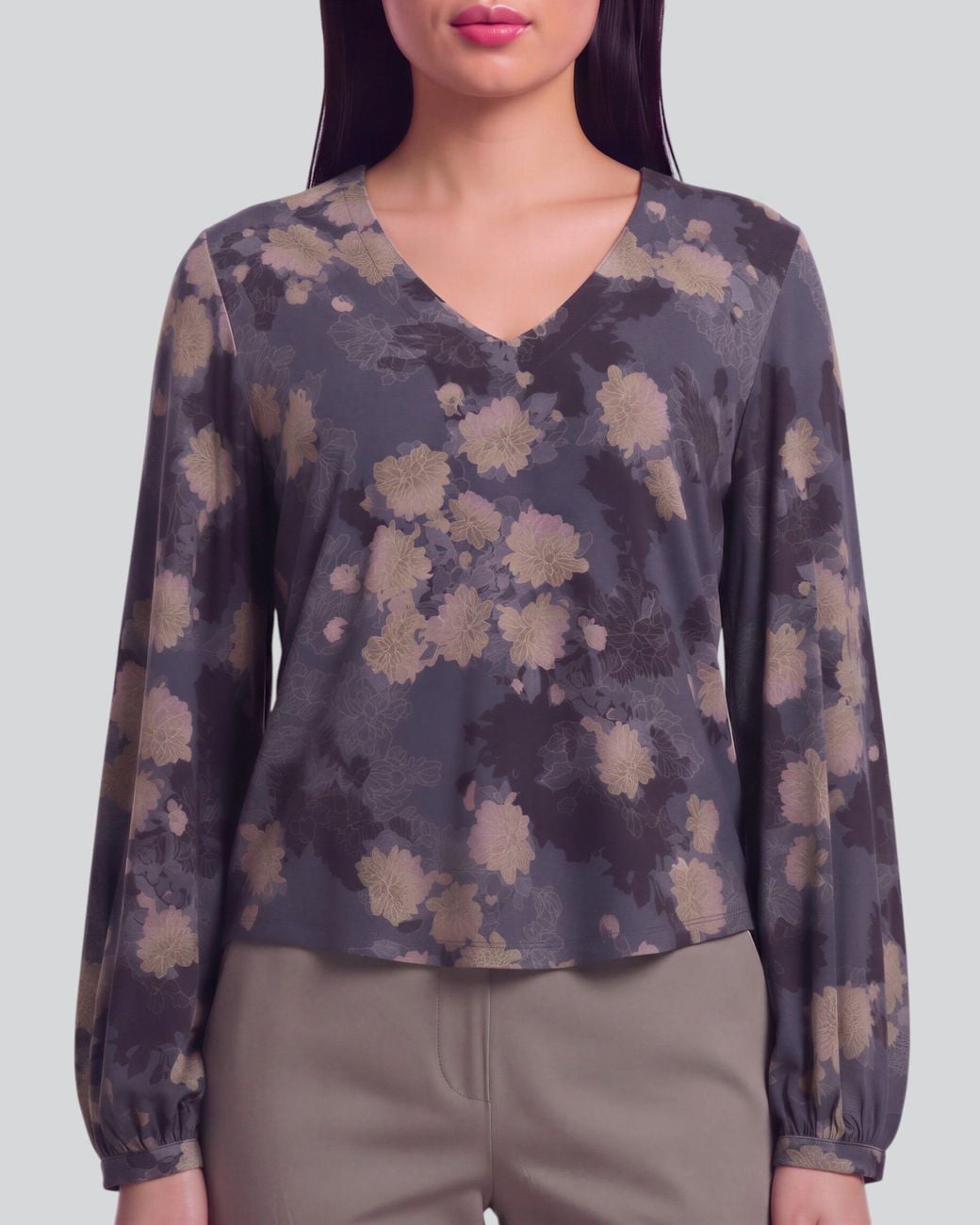 Lords of Harlech Blue Val Lans Floral Lyocell Stretch V-Neck Top