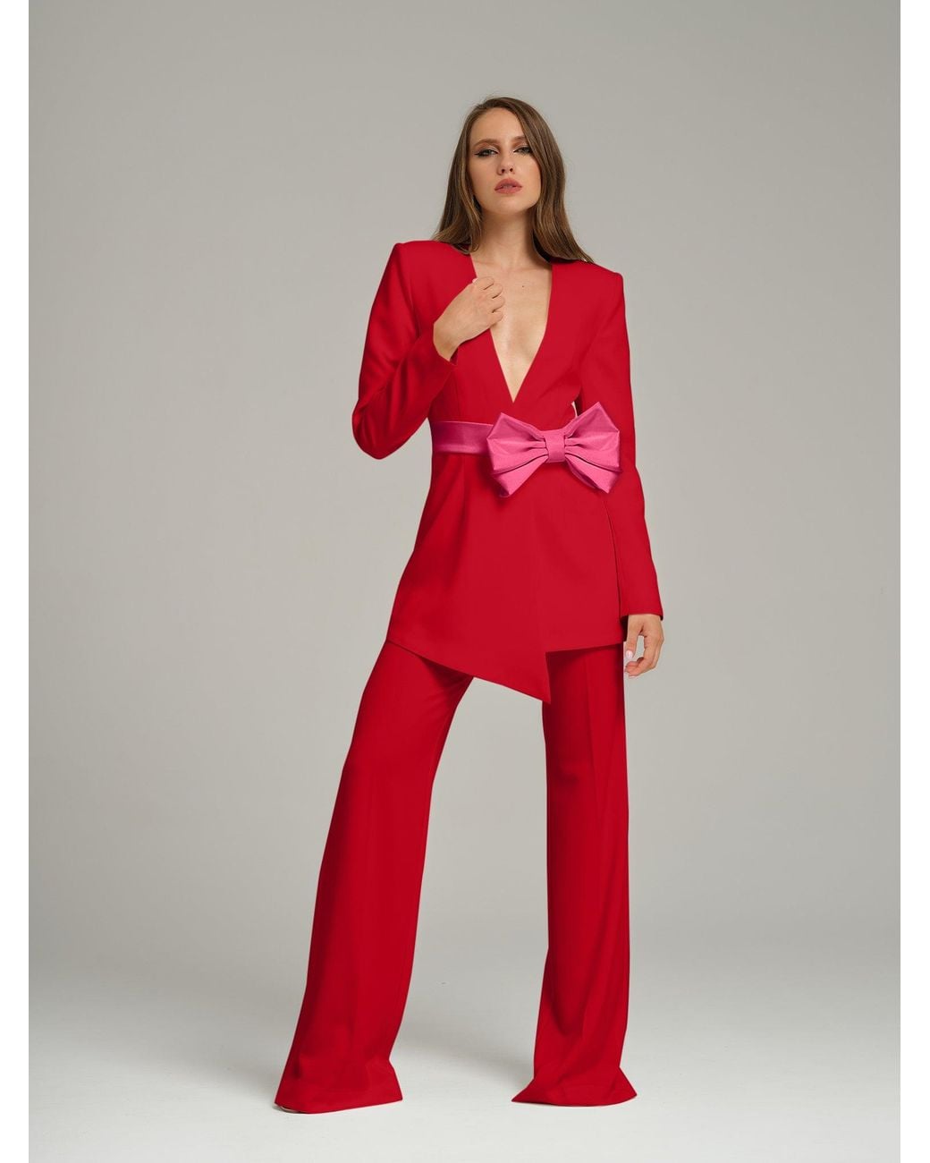 Tia Dorraine Red Pearl Power Suit With Bow Belt
