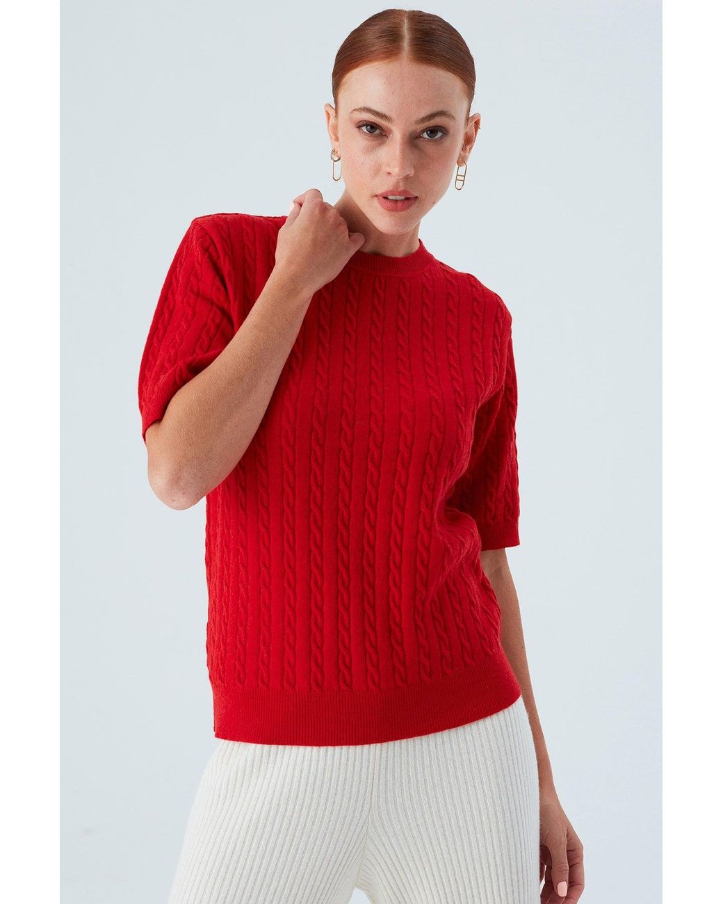 Peraluna Red Nicole Cable Knit Cashmere Blend Short Sleeve Blouse