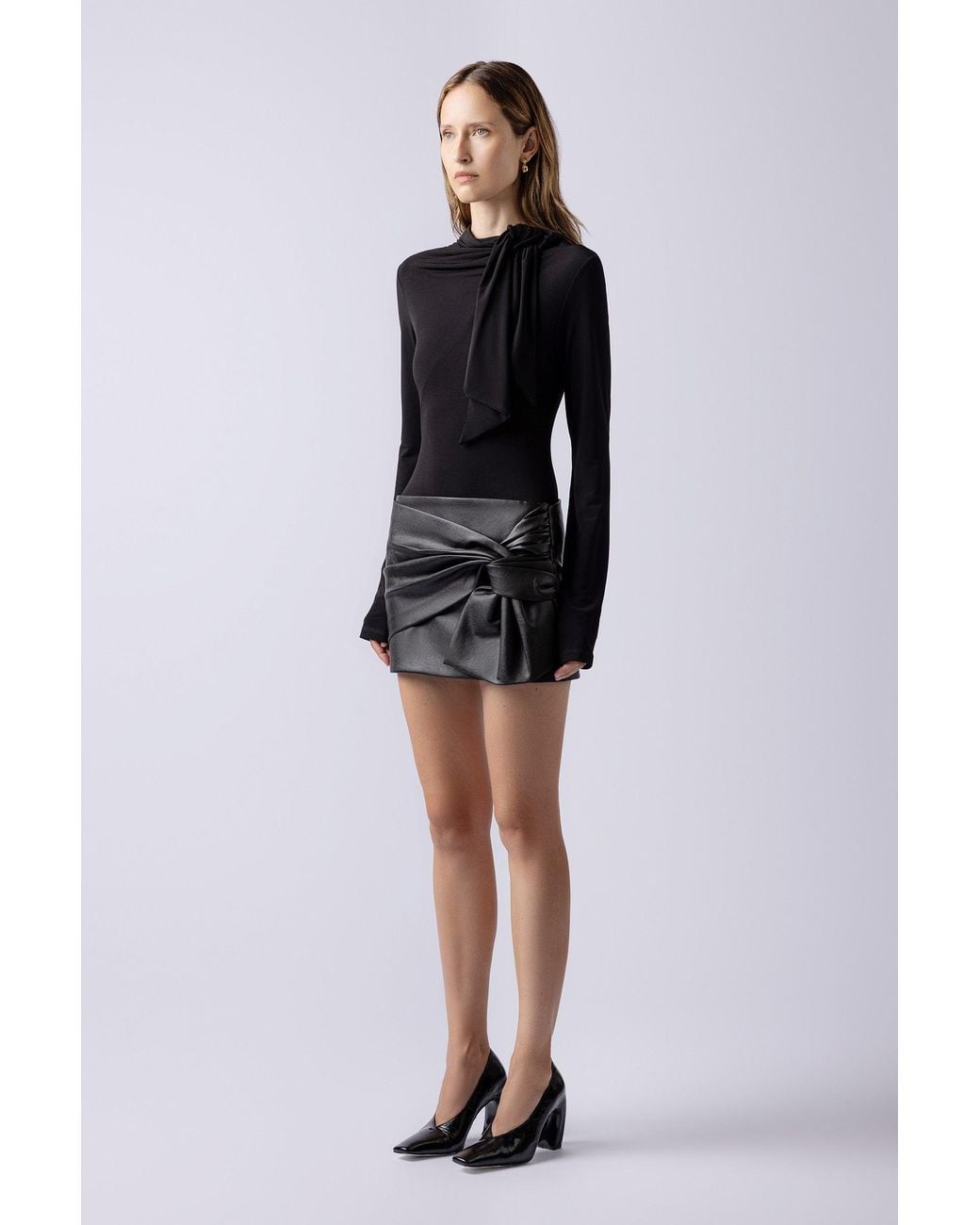 Lendrop Studios Black Yoko Bow Drape Leather Mini Skirt