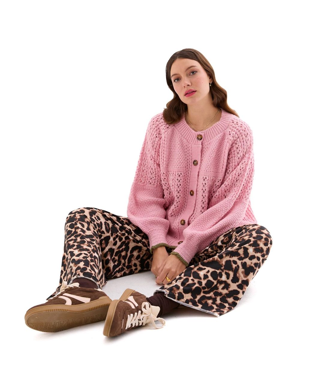 Cara & The Sky Pink Brigit Balloon Sleeve Pointelle Stitch Cardigan
